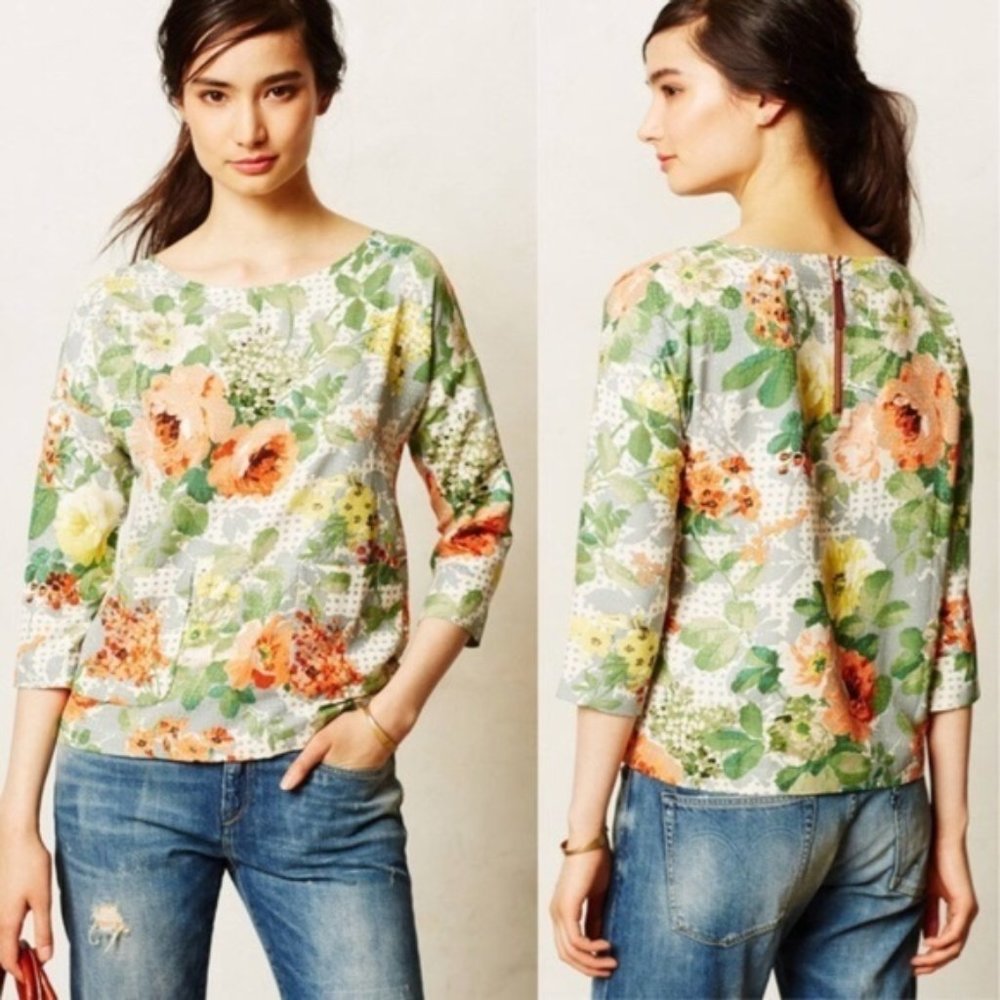 Anthropologie HD in Paris Floral Crop Top Blouse Shirt XS Cottagecore Boxy